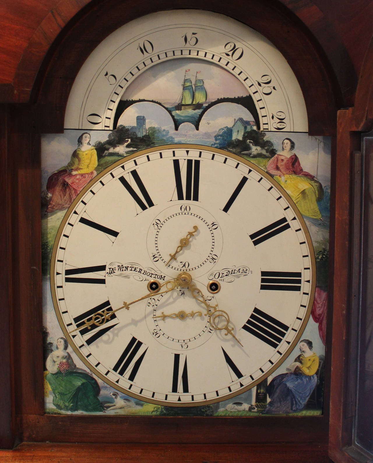 Vast Moon Roller Mahogany Longcase Clock In Excellent Condition In Buckinghamshire, GB