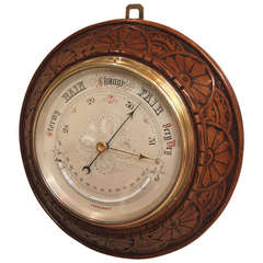 Vintage Large Carved Oak Circular Barometer