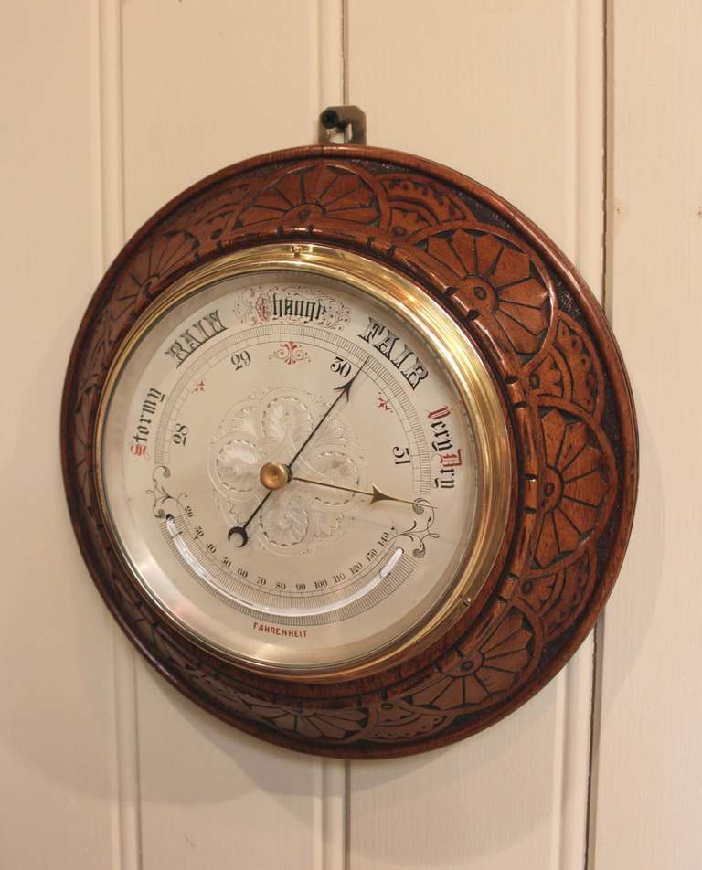 Large Carved Oak Circular Barometer