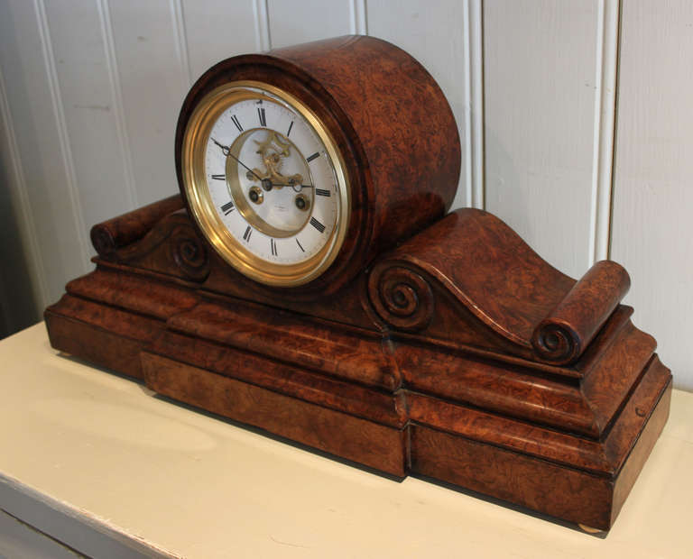 Burr Walnut Drumhead Mantel Clock In Excellent Condition In Buckinghamshire, GB
