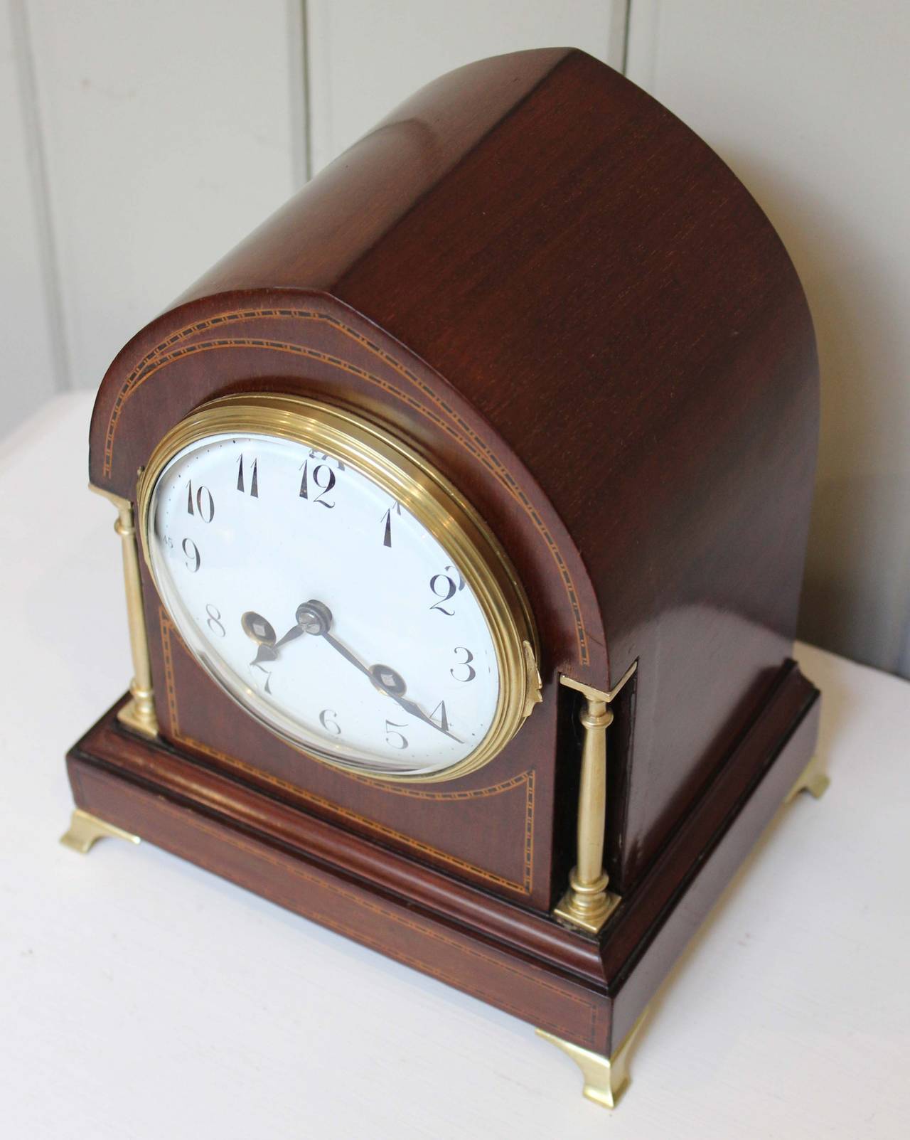 European Edwardian Mahogany and Inlay Lancet-Top Mantel Clock
