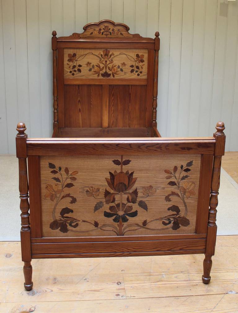 Late 19th Century Pitch Pine and Inlay Single Bed and Cabinet