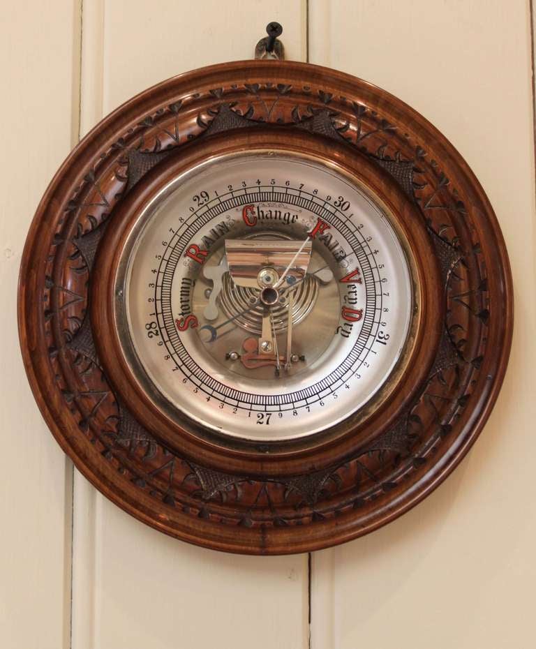 Circular Carved Beechwood Aneroid Barometer