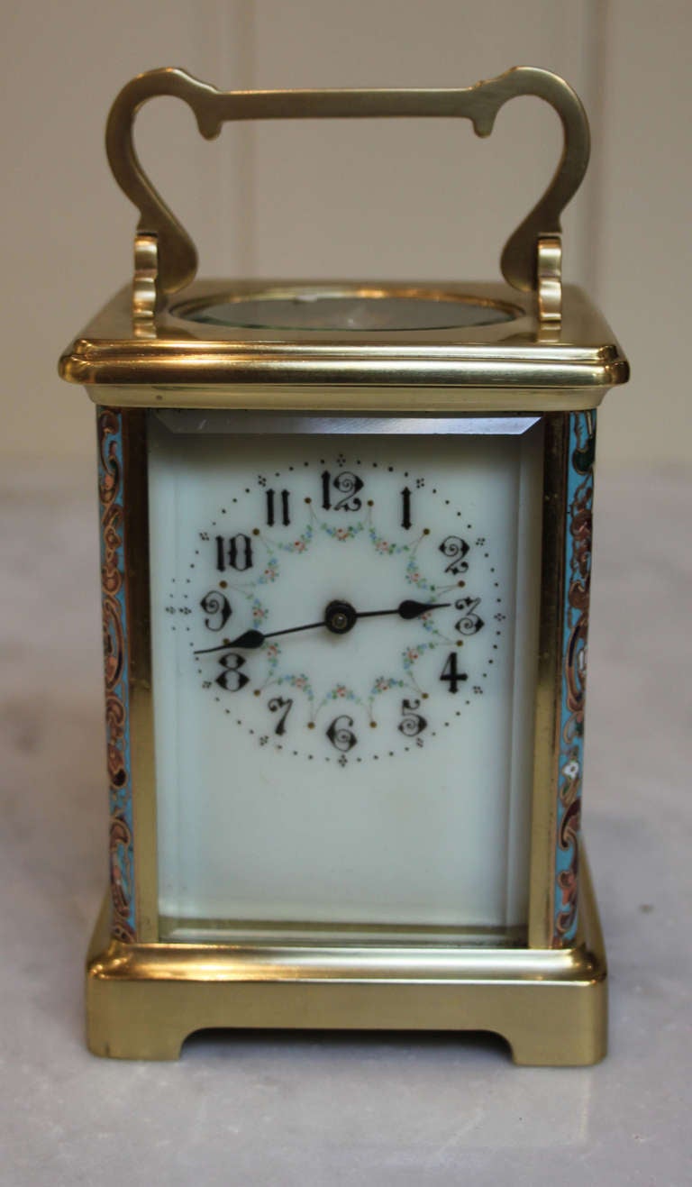 French Edwardian Brass and Champleve Timepiece Carriage Clock.