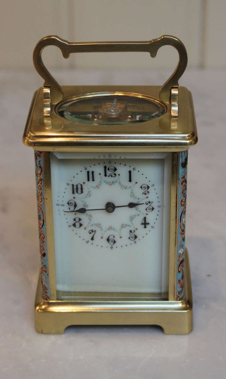 Champlevé Edwardian Brass and Champleve Timepiece Carriage Clock.