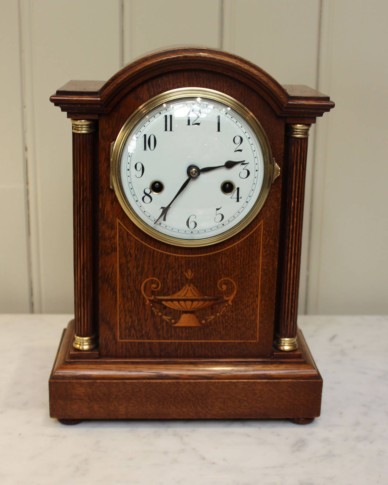 Edwardian Oak and Inlay Striking Mantel Clock