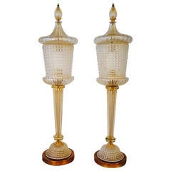 Pair of Barovier e Toso Murano Glass Lantern Table Lamps