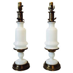 Pair of Paul Hanson White Opaline Glass Table Lamps, 1950s