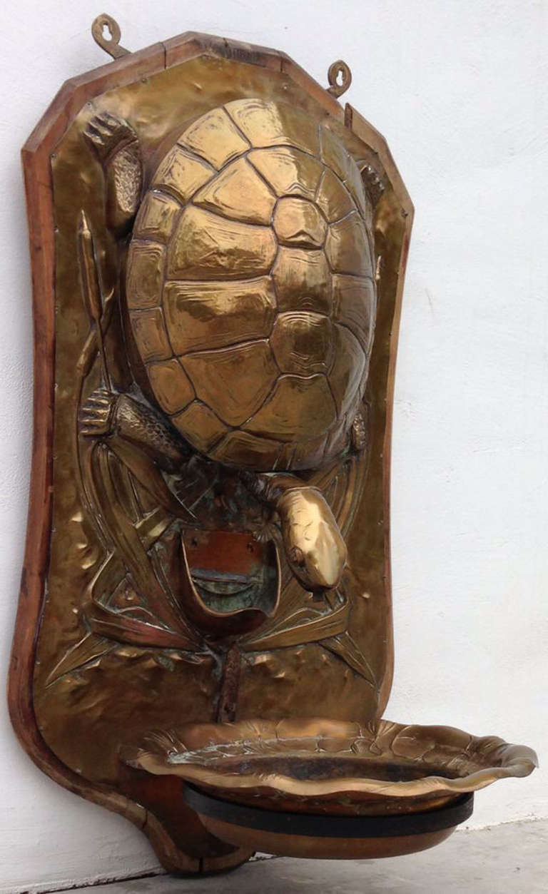 Art Nouveau 19th Century Turtle Brass Repousse Wall Fountain