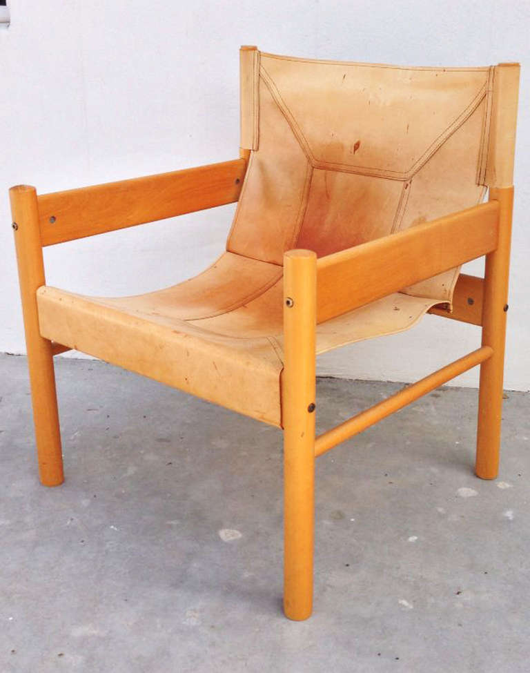 A fine Brazilian Gerdau wood and leather sling chair. Wood and leather 