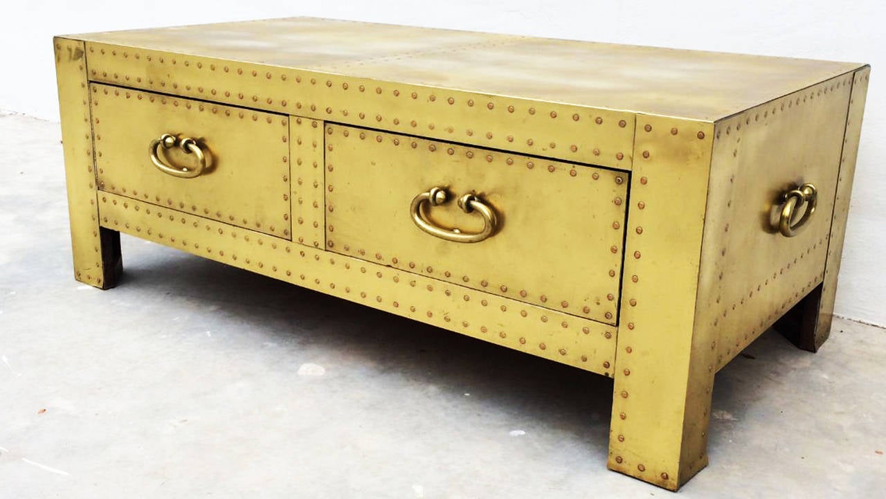Mid-Century Modern Sarreid Brass Clad Low Chest Table For Sale