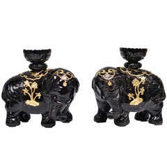 Vintage A Pair Of Fine Carved Dark Brown Rock Crystal Elephant Candleholders