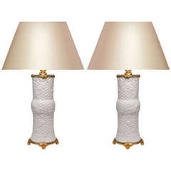 A Pair Of Ormolu Mounted Fine Carved Porcelain Lamps, ca1930