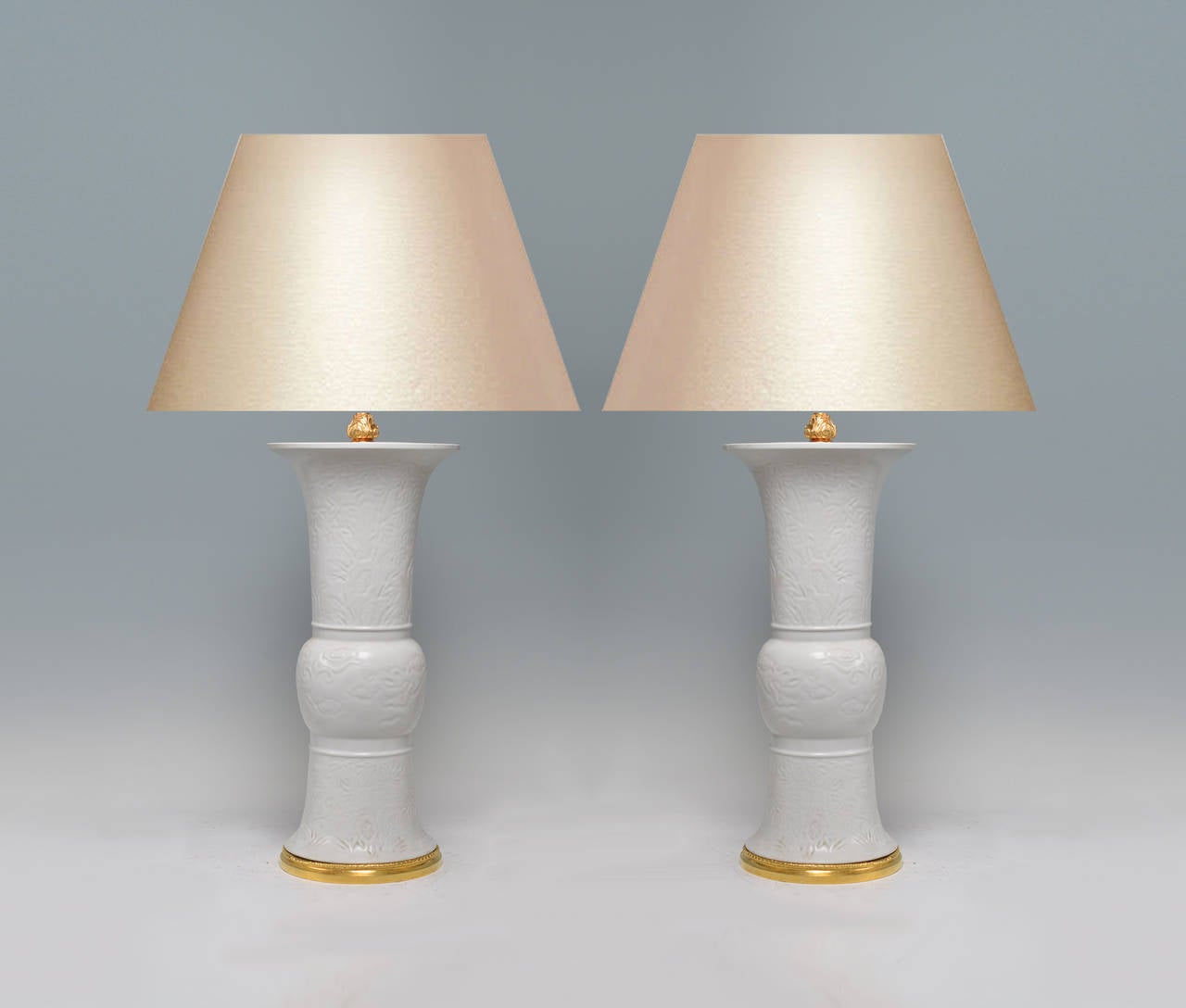 Pair of Fine Carved Blanc-de-chine Porcelain Vases Mounted as Lamps