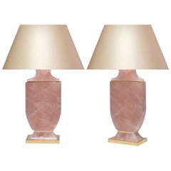 A Pair of Fine Carved Pink Rock Crystal Lamps with Gilt Bases