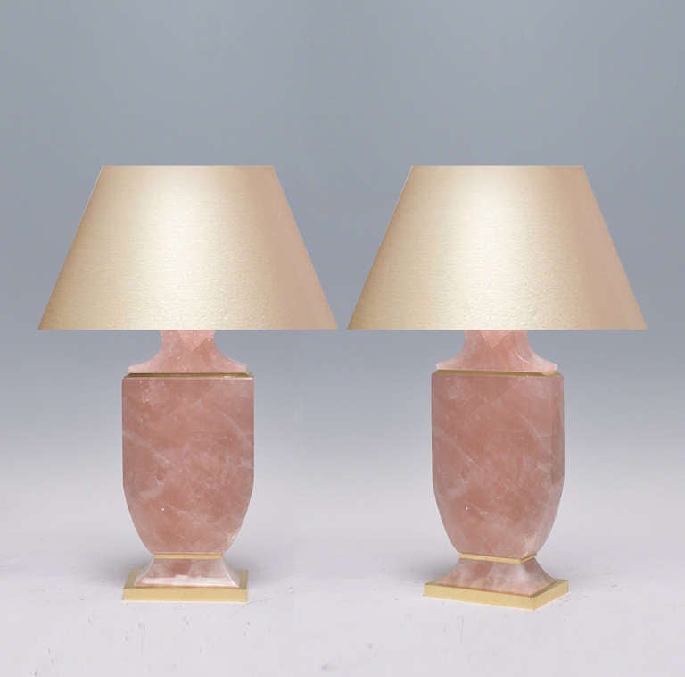 A Pair of Fine Carved Pink Rock Crystal Lamps with Gilt Bases