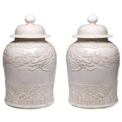 A Pair of Fine Carved Porcelain Jars with Covers