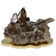 Smoky Brown Rock Crystal, Quartz Cluster Sculpture on Gilt Base