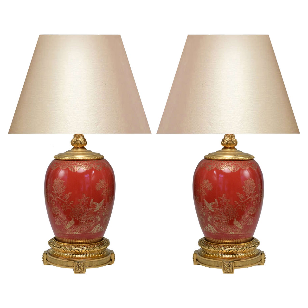 Pair of Ormolu-Mounted Red Porcelain Lamps