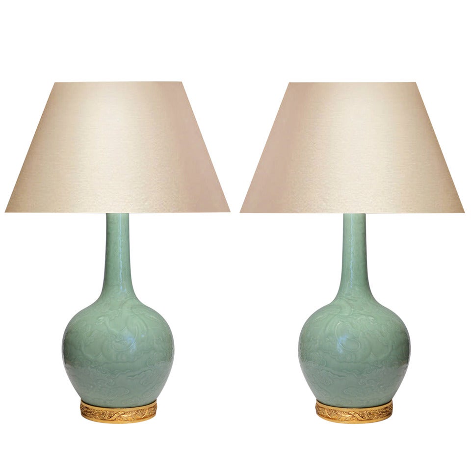 Pair of Celadon Porcelain Lamps