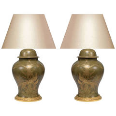 Pair of Green Glazed Porcelain Vases Mounted as Lamps 6