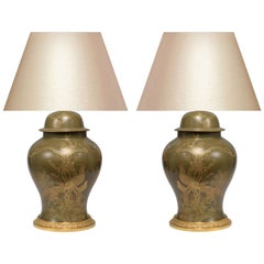 Pair of Green Glazed Porcelain Vases Mounted as Lamps