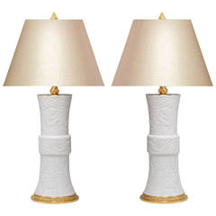 Pair of Fine Carved White Porcelain Vases Mounted as Lamps