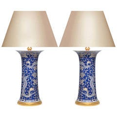 Pair of Fine Painted Blue and White Porcelain Vases Mounted as Lamps