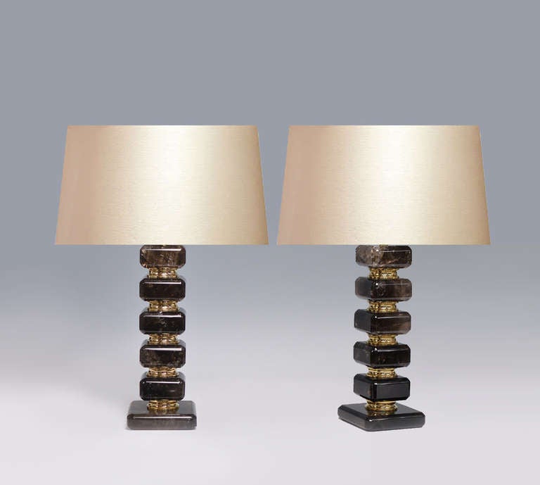 Pair of Cubic Form Smoky Brown Rock Crystal Quartz Lamps In Excellent Condition For Sale In New York, NY