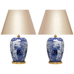 Pair of Blue and White Porcelain Lamps with Gilt Brass Bases