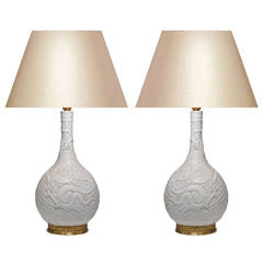 Pair of Fine Carved White Porcelain Lamps with Gilt Brass Bases