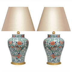 Pair of Fine Painted Famille Verte Porcelain Lamps