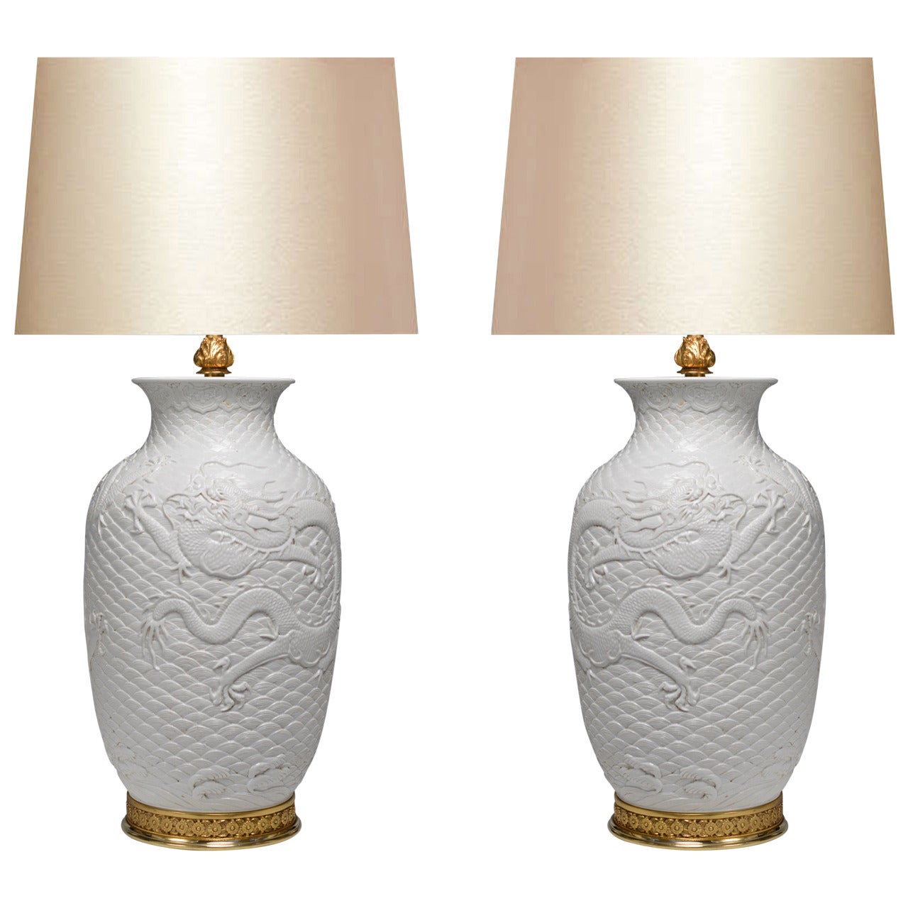 Pair of White Porcelain Lamps with Gilt Bases For Sale