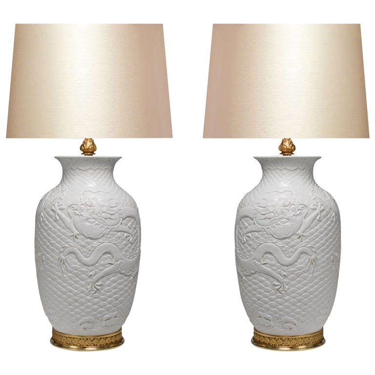 Pair of White Porcelain Lamps with Gilt Bases For Sale at 1stDibs