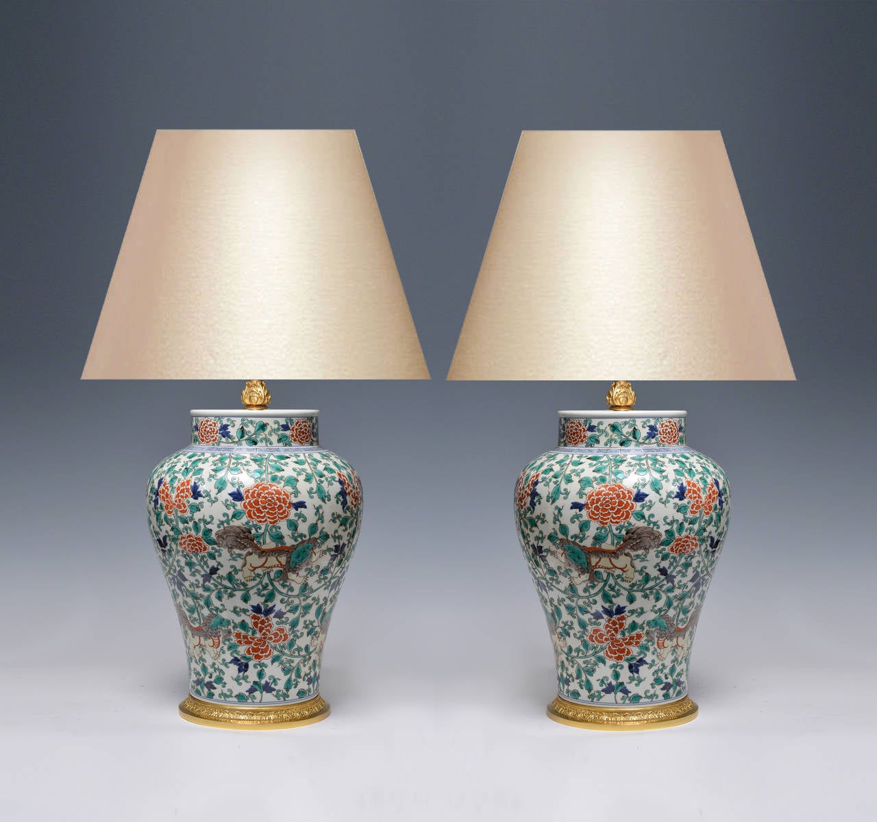 Pair of Fine Painted Famille Verte Porcelain Lamps