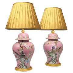 Vintage A Pair Of Pink Background Famille Rose Porcelain Vases As Lamps