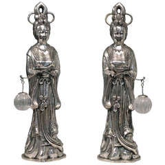 A Pair Of Silvered Copper Court Ladies With Rock Crystal Lanterns 