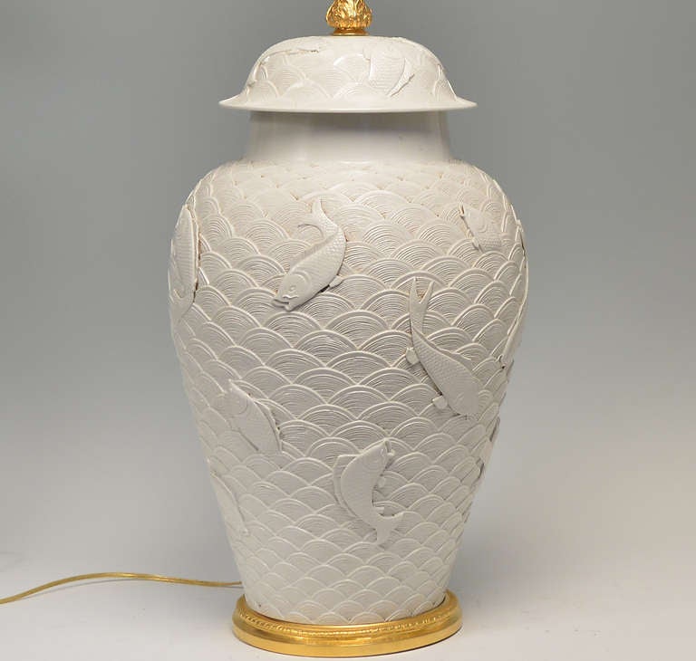 A Pair Of Fine Carved Blanc-de-chine Porcelain Vases As Lamps