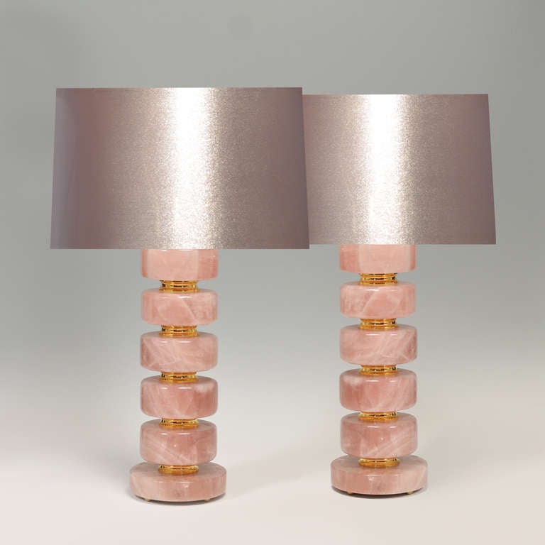 pink rock crystal tablet form lamps with gilt bronze parts.
