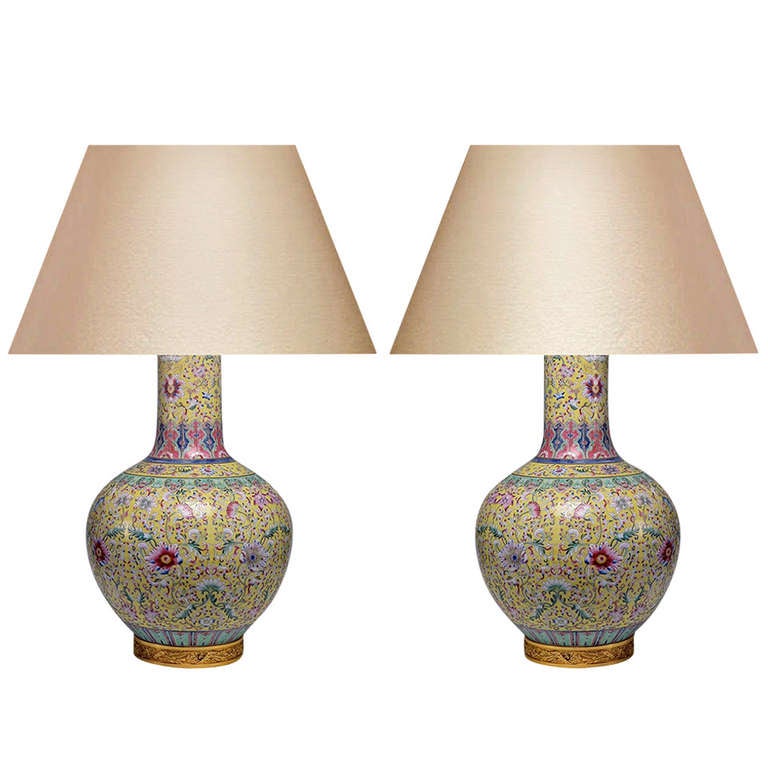 Pair of Famille Rose Porcelain Lamps