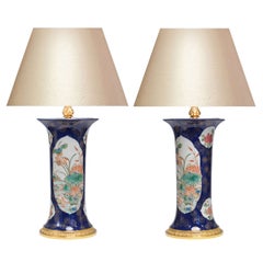 Pair of Famille Rose Blue-Ground Porcelain Lamps