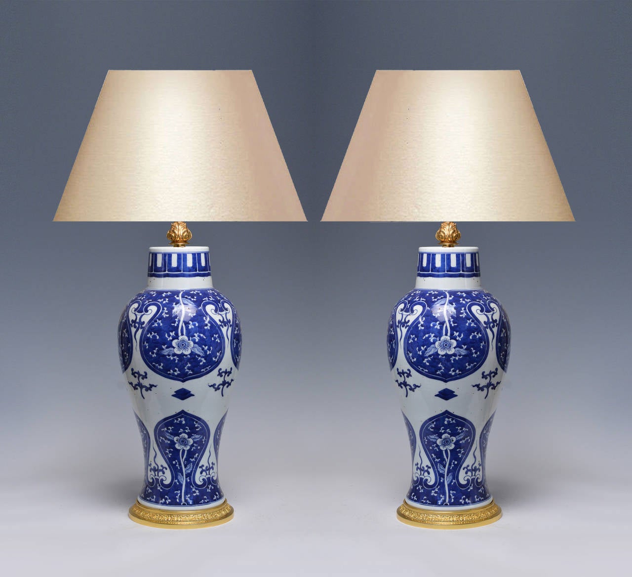 Pair of finely painted baluster vases blue and white porcelain lamps. with blossoming branches decorations, 20