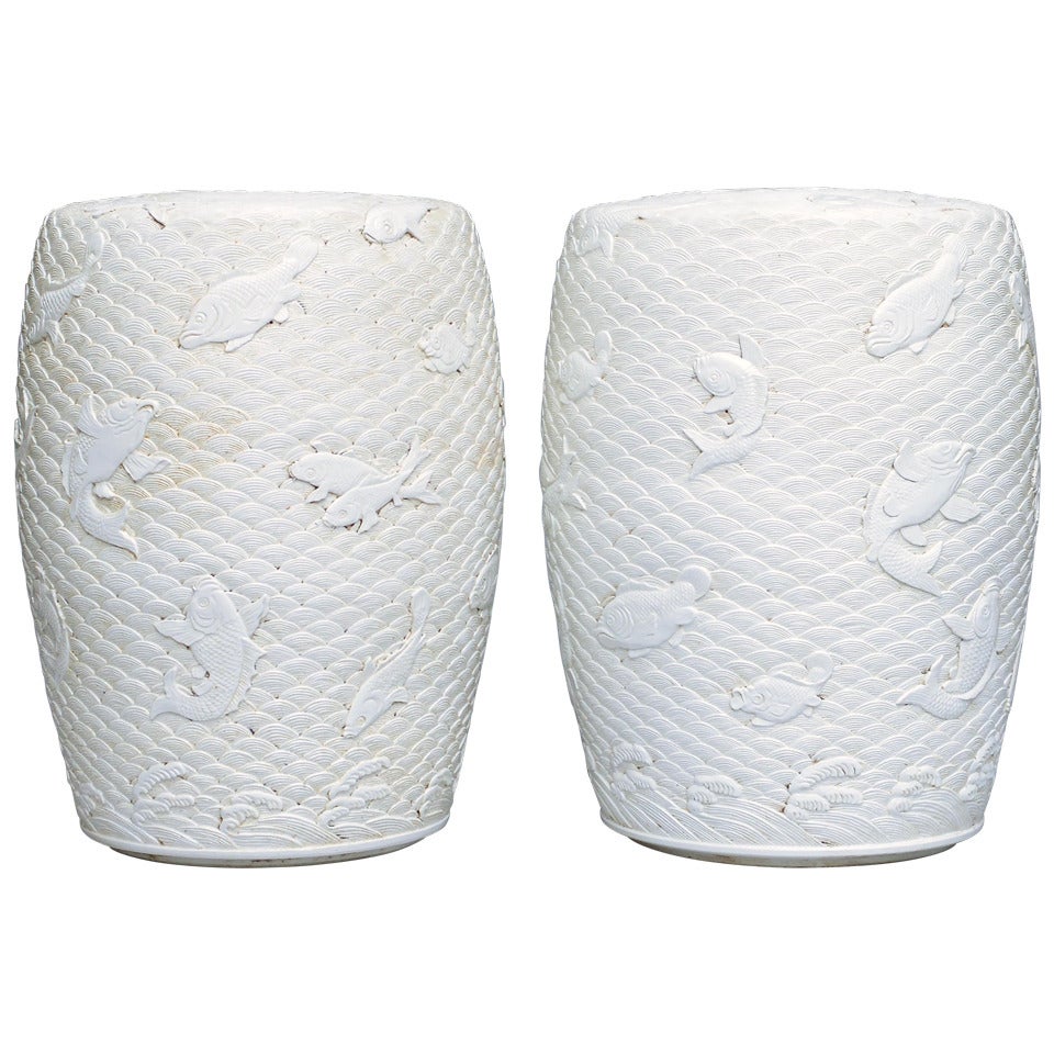 Pair of Fine Carved Blanc-de-Chine Porcelain Stools, circa 1970 For Sale