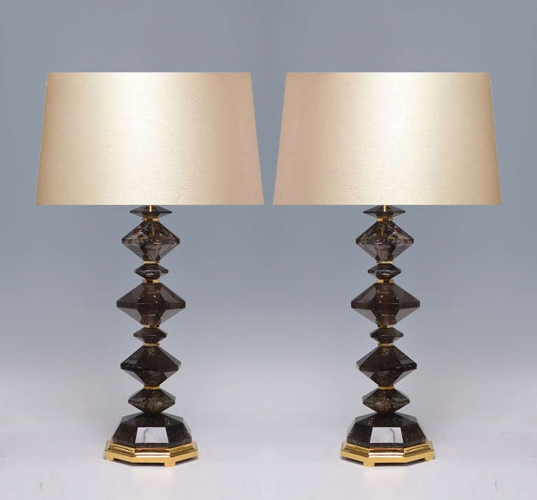 A fine carved diamond form smoky brown rock crystal quartz lamp with polish brass insert and base, created by Phoenix Gallery, NYC.
Available in nickel plating and antique brass finished. 
To the rock crystal: 21.75