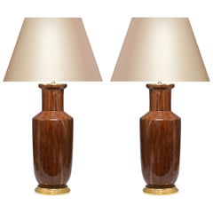 Pair of Fine Painted Wood Grain Porcelain Lamps