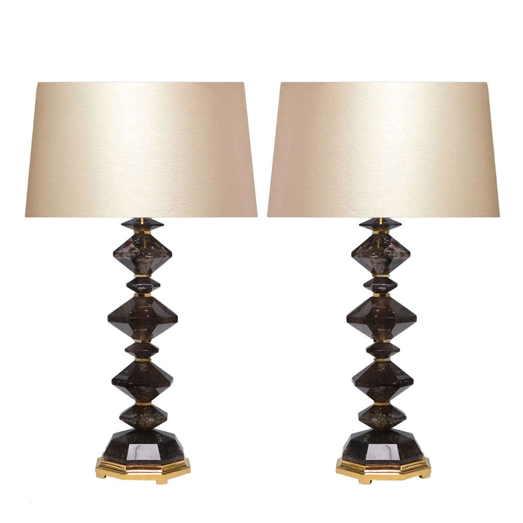 Pair of Diamond Form Smoky Brown Rock Crystal Quartz Lamps