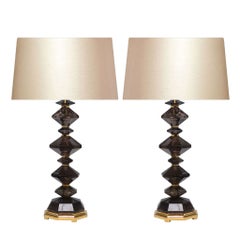 Pair of Diamond Form Smoky Brown Rock Crystal Quartz Lamps