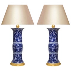 Vintage Pair of Fine Painted Blue and White Porcelain Lamps