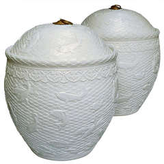 Large Pair of Fine Carved Porcelain Jars with Covers