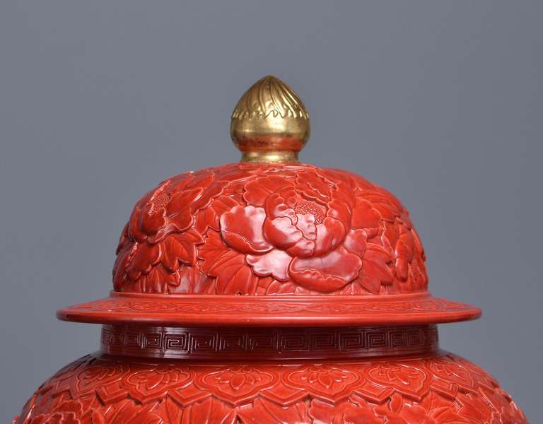 Pair of Fine Carved Red Glazed Porcelain Jars with Covers In Good Condition In New York, NY